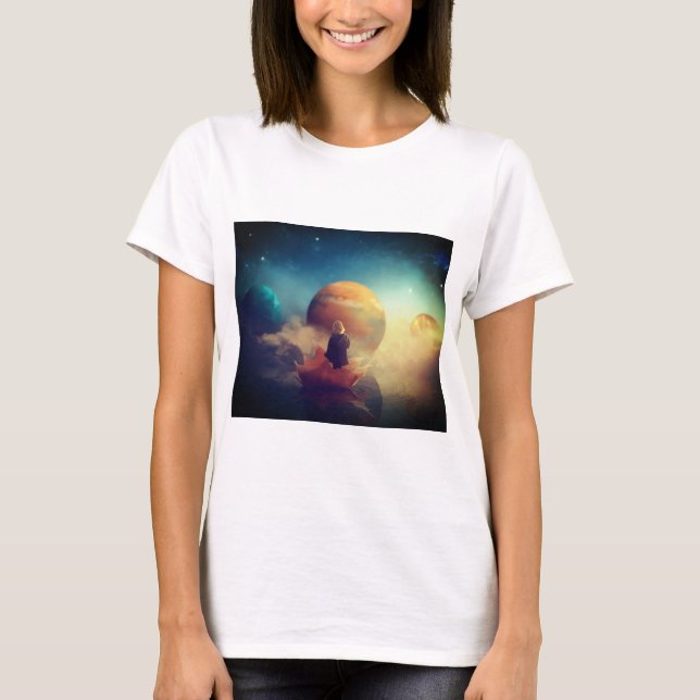 women's mytical child and planets t-shirt (Framsida)
