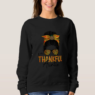 Womens One Thankful Auntie Leopard Messy Bun Thank T Shirt