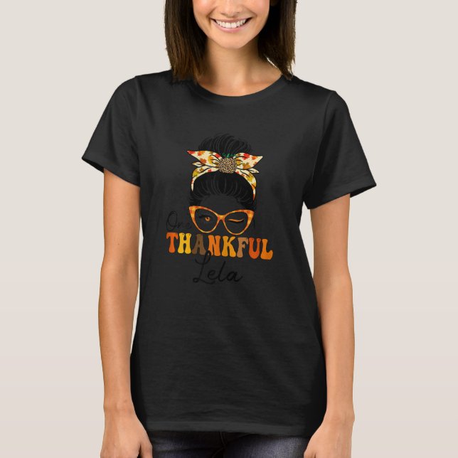Womens One Thankful Lela Messy Bun Leopard Thanksg T Shirt (Framsida)