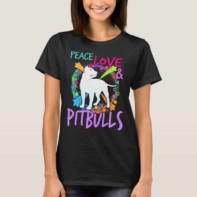 Womens Peace Kärlek och Pitbull Skriv ut Pit Bull  T Shirt (Framsida)