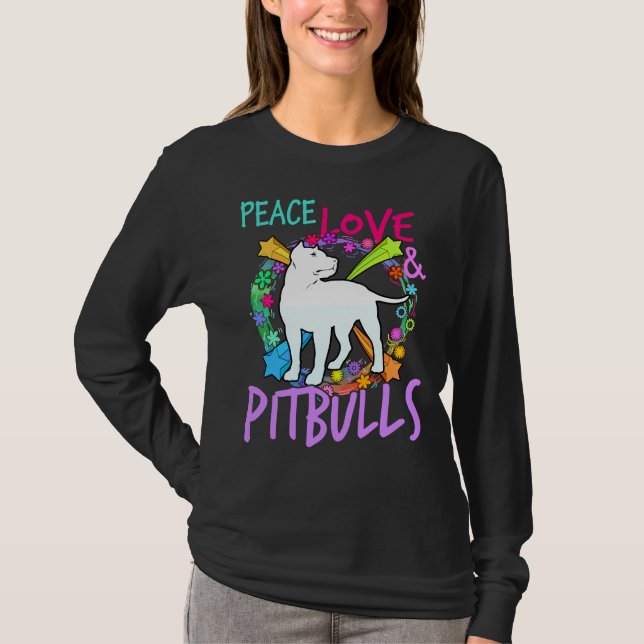 Womens Peace Kärlek och Pitbull Skriv ut Pit Bull  T Shirt (Framsida)