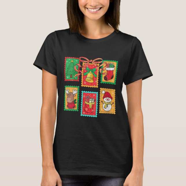 Womens Preppy Christmas Stamps Coquette Bow Reinde T Shirt (Framsida)