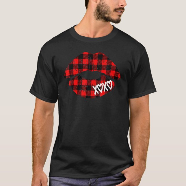Womens Red Buffalo Plaid Lips  Valentine Day XOXO T Shirt (Framsida)