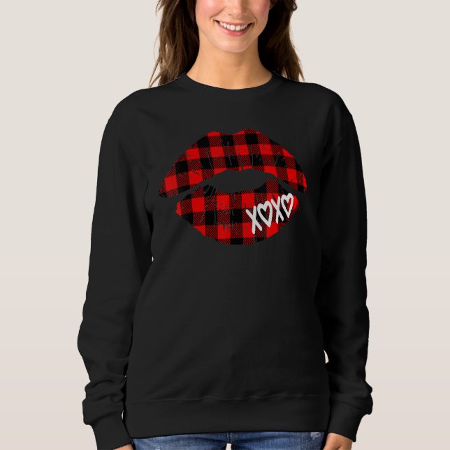 Womens Red Buffalo Plaid Lips  Valentine Day XOXO T Shirt (Framsida)