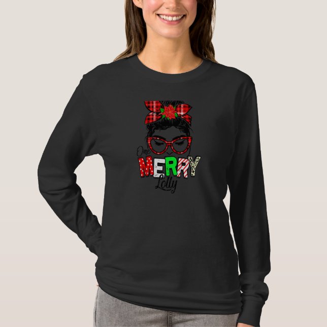 Womens Red Play One Merry Lolly Messy Bun Christm T Shirt (Framsida)