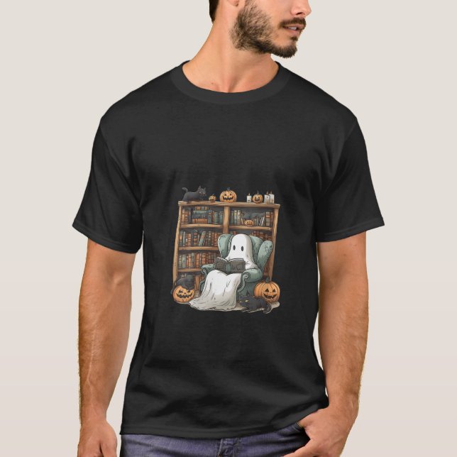 Womens Retro Ghost Reading Bokar Librarian HallSKI T Shirt (Framsida)