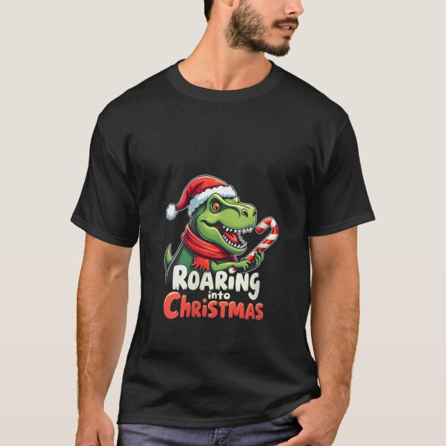 Womens Roaring into Christmas T Rex Santa Hat Cand T Shirt (Framsida)