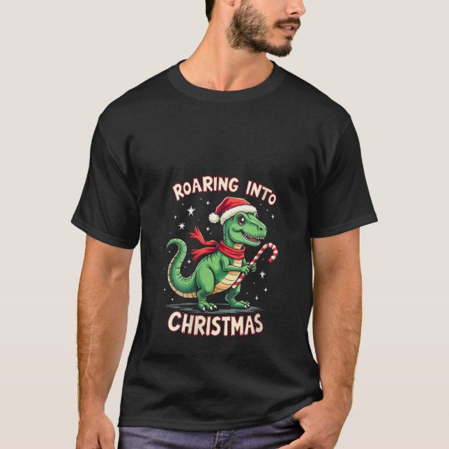 Womens Roaring into Christmas T Rex Santa Hat Cand T Shirt (Framsida)