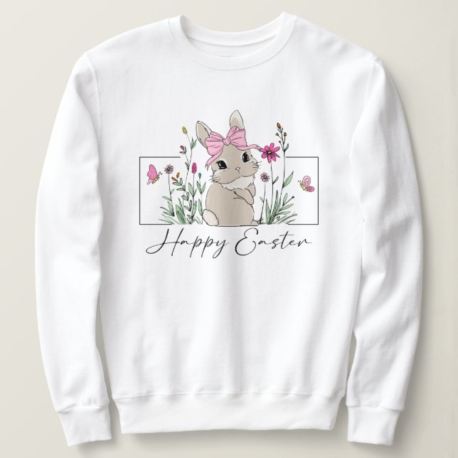 Womens Rosa Blommigt Glad påsk Bunny T Shirt (Design framsida)