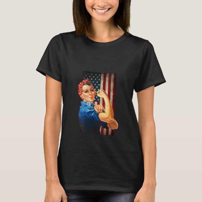 Womens Rosie the Riveter och bär amerikansk Flagga T Shirt (Framsida)