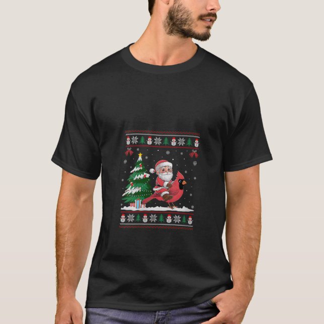 Womens Santa Riding Cardinal Bird Träd Lighting Ch T Shirt (Framsida)