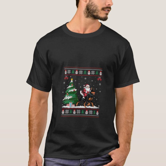 Womens Santa Riding Doberman Pinscher Hund Träd Li T Shirt (Framsida)
