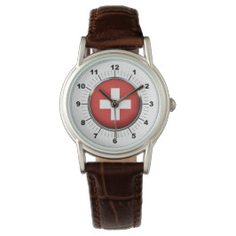 Women's Schweiz Flagga Brown Leather Watch Armbandsur