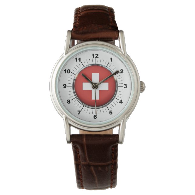 Women's Schweiz Flagga Brown Leather Watch Armbandsur (Framsida)