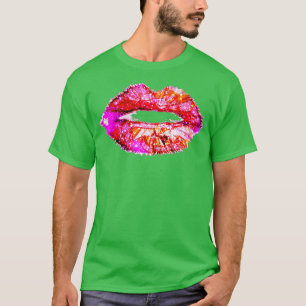 Womens Shock rosa Kiss Neon 80-talet Lipstick Part T Shirt