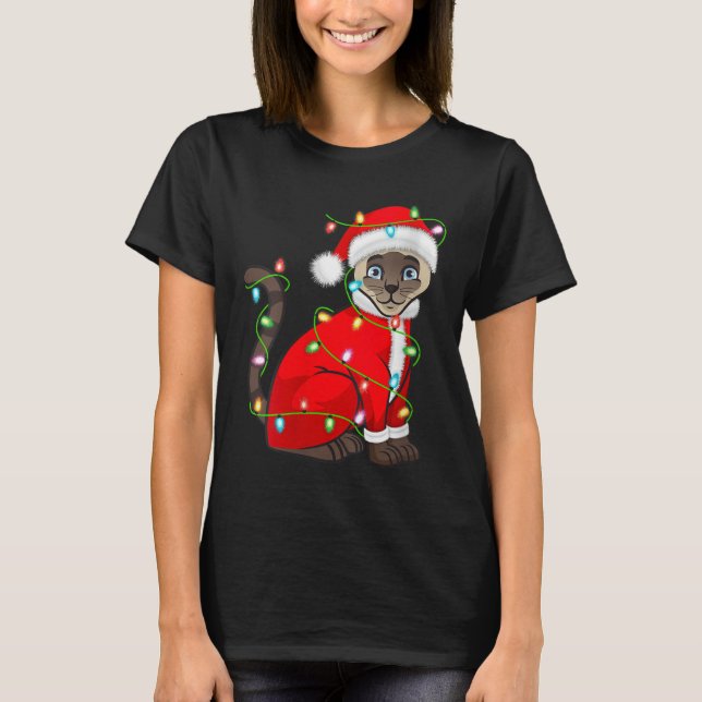 Womens Siamese Cat Christmas Lights Santa Costume  T Shirt (Framsida)