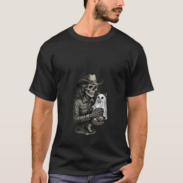 Womens Skeleton Cowgirl Ghost Cat Cowboy Western G T Shirt (Framsida)