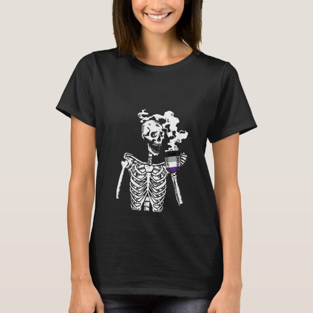 Womens Skeleton Drinking Coffee ASexual Pride Skul T Shirt (Framsida)