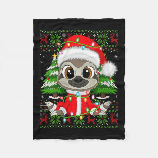 Womens Sloth Christmas Lights Santa Costume Ugly X Fleecefilt (Framsidan)