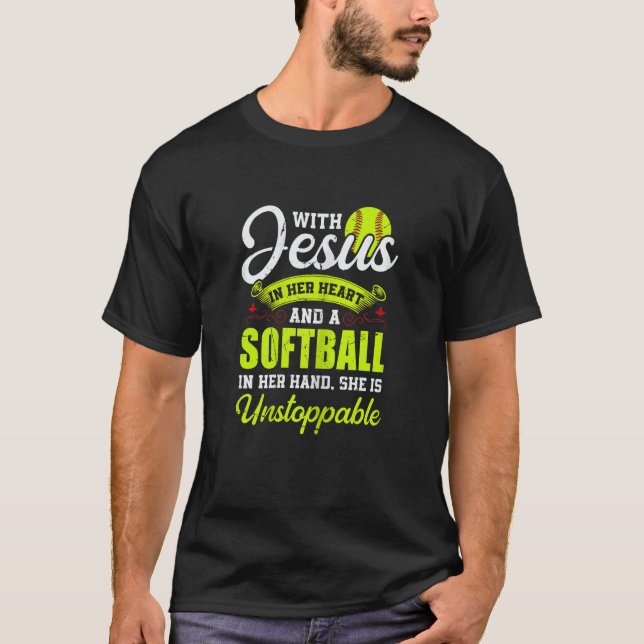 Womens Softball With Jesus And A Softball She Is U T Shirt (Framsida)