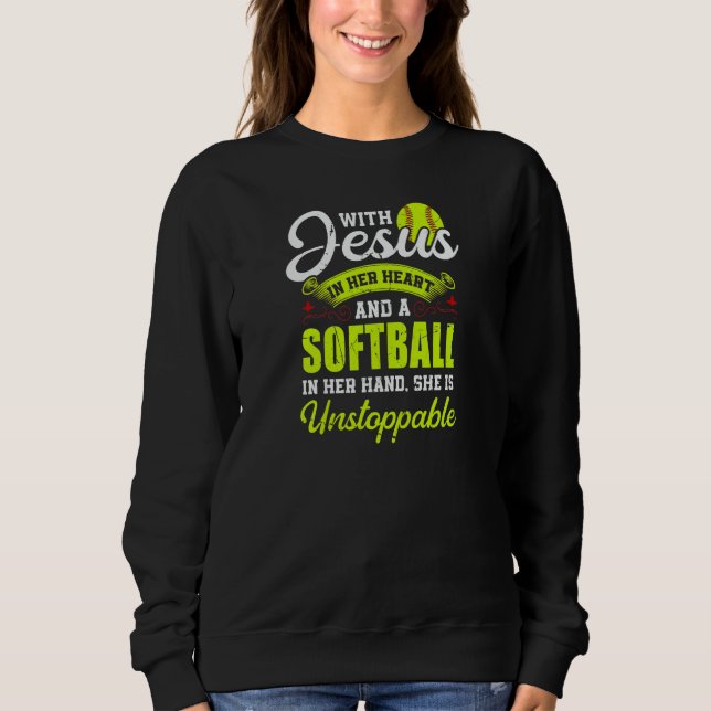 Womens Softball With Jesus And A Softball She Is U T Shirt (Framsida)