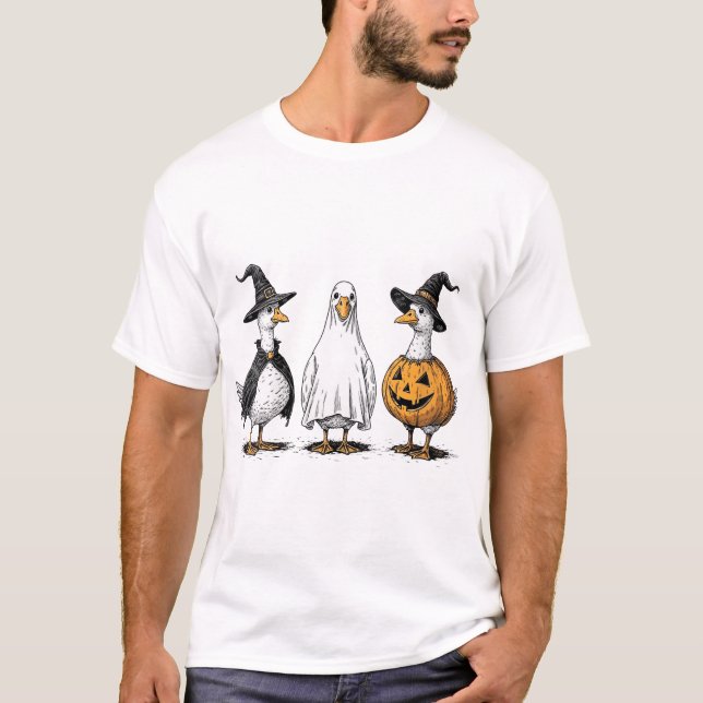 Womens Spooky Geese Halloween Pumpkin Fall Boo T Shirt (Framsida)