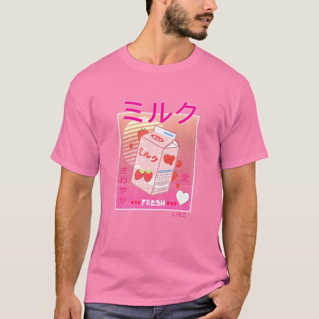 Womens Strawberry Mjölk Carton Kawaii Rosa Aesthet T Shirt (Framsida)