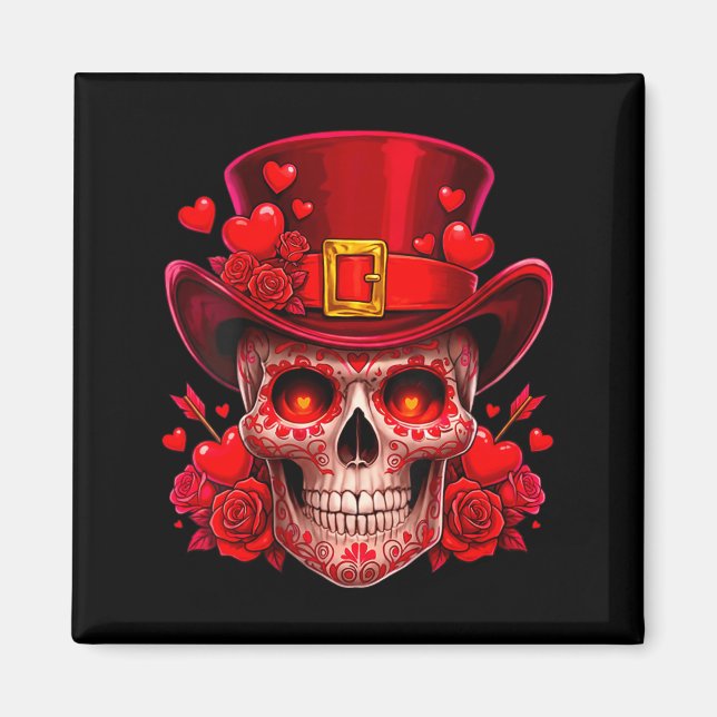 Women's Sugar Skull Valentine Cud Red Roses Couple Magnet (Framsidan)
