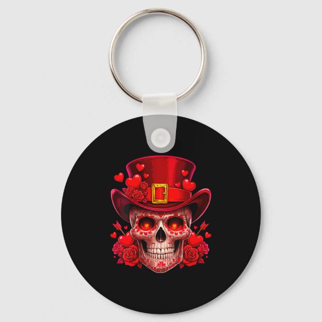 Women's Sugar Skull Valentine Cud Red Roses Couple Nyckelring (Framsida)