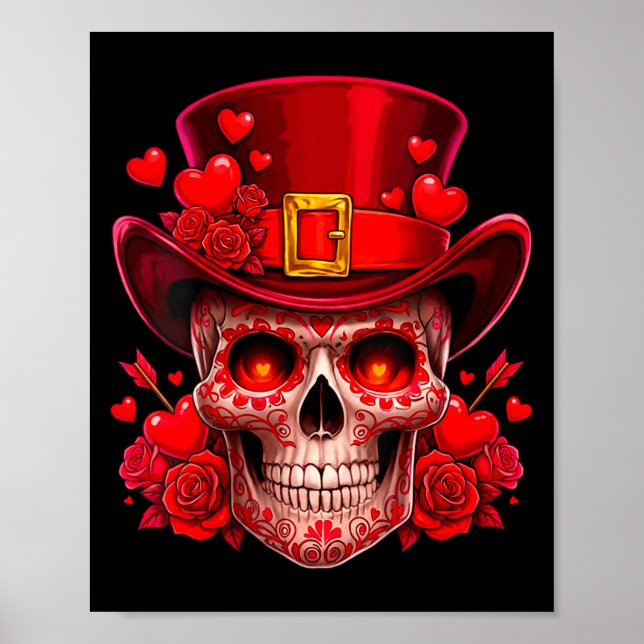 Women's Sugar Skull Valentine Cud Red Roses Couple Poster (Framsidan)