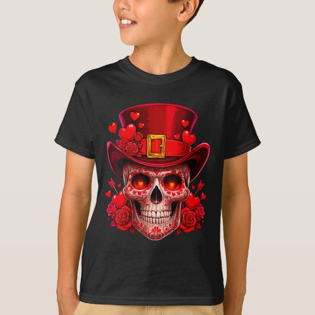 Women's Sugar Skull Valentine Cud Red Roses Couple T Shirt (Framsida)