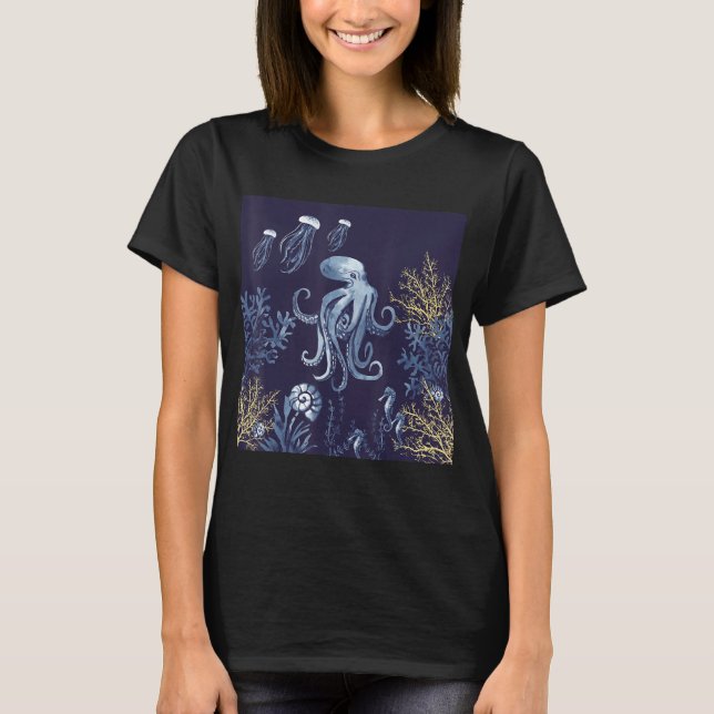 Womens Summer Vacation Beach Ocean Octopus Jellyis T Shirt (Framsida)