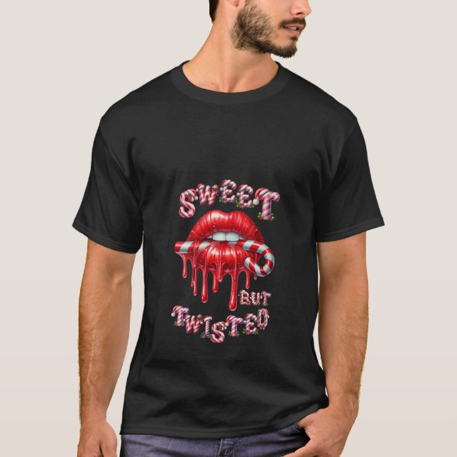Womens Sweet But Twisted Valentine Lips Candy Cane T Shirt (Framsida)