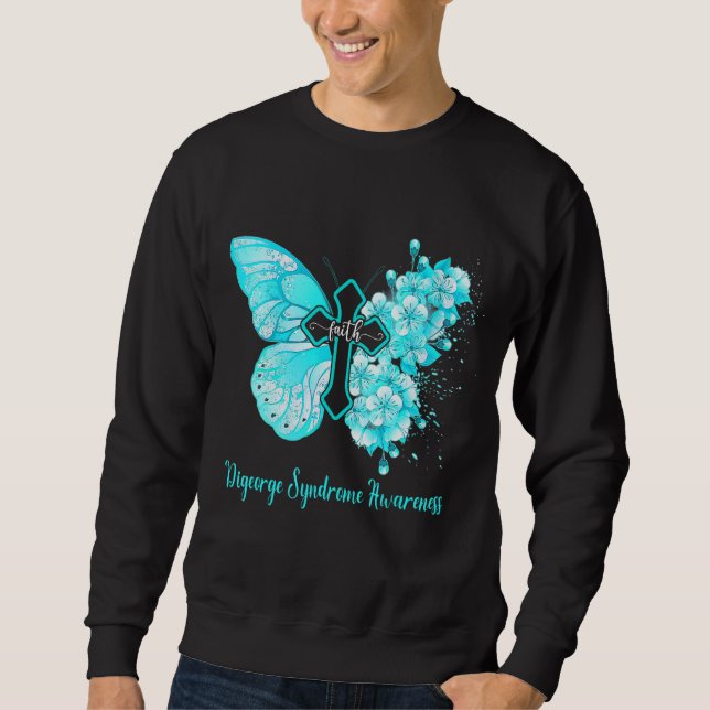 Womens Teal Butterfly Faith Digeorge Syndrome Awar Lång Ärmad Tröja (Framsida)
