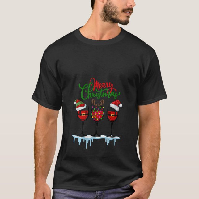 Womens Three Wine Glasses Festive Reindeer Santa E T Shirt (Framsida)