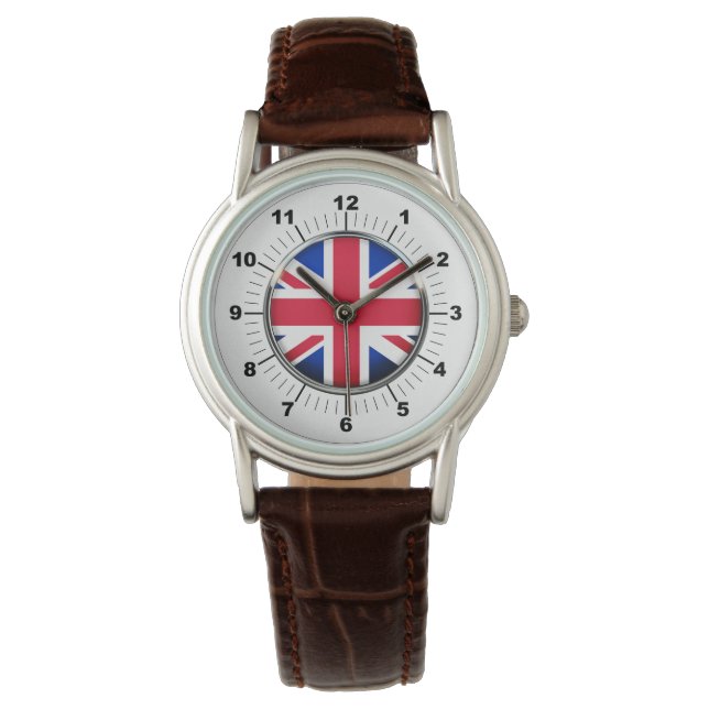 Women's UK Flagga Classic Brown Leather Watch Armbandsur (Framsida)