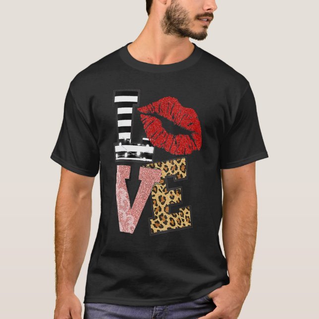 Womens Valentine Red Lips Love Leopard V Neck T Shirt (Framsida)
