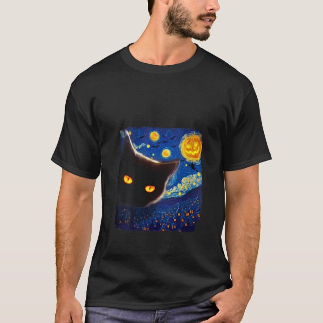 Womens Van Gogh Starry Night Cat Halloween Black C T Shirt (Framsida)