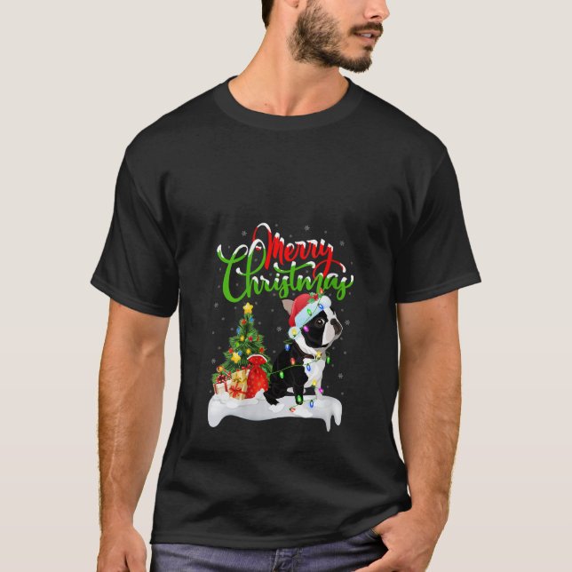 Womens Xmas Lighting Matching Santa Boston Terrier T Shirt (Framsida)