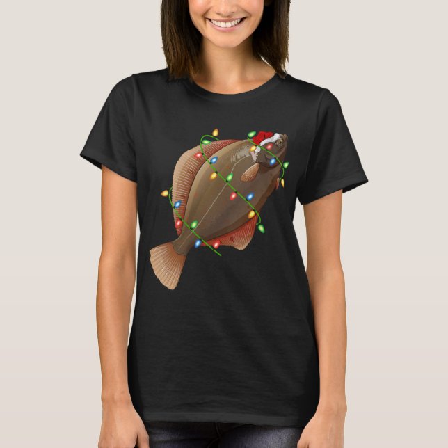 Womens Xmas Lights Santa Hat Flounder Fish Christm T Shirt (Framsida)
