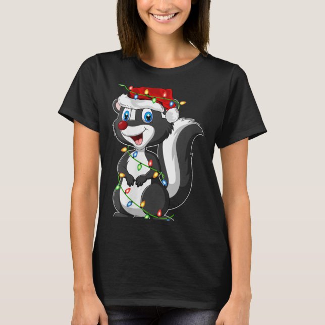 Womens Xmas Lights Santa Hat Skunk Christmas V Nec T Shirt (Framsida)