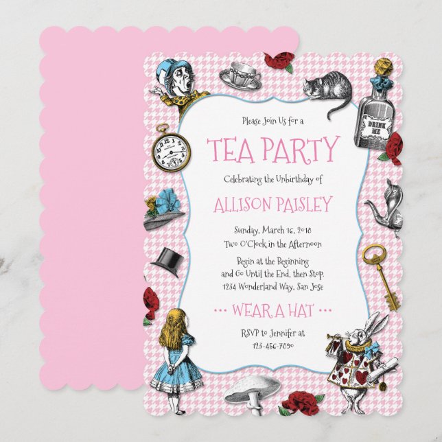Wondeland Party Rosa Houndstooth Inbjudningar (Fram/baksida)