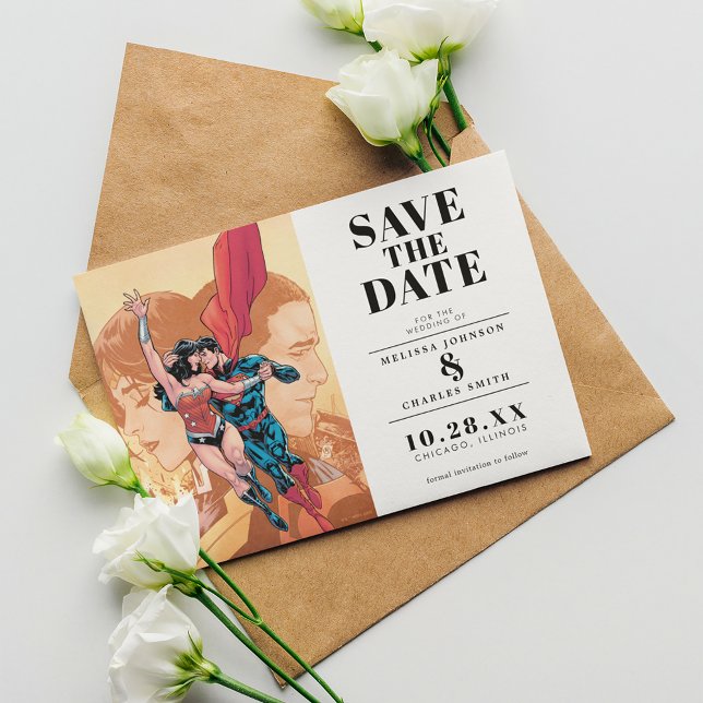 Wonder Woman & Superman Spara datum inbjudan (Invitation on table)