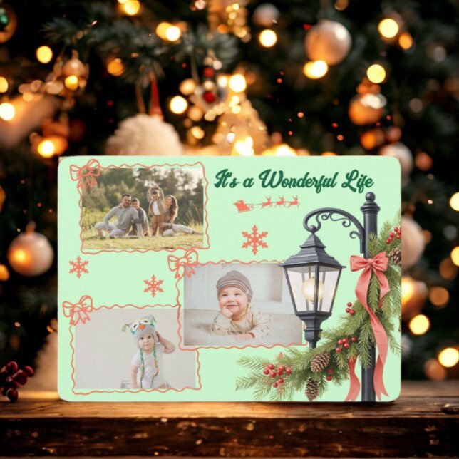 Wonderful Life Three Photo Green Christmas  Julkort (Skapare uppladdad)
