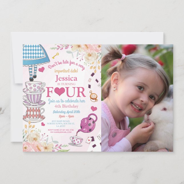 Wonderland Birthday 4 Tea Party 4 Girls Photo Inbjudningar (Framsida)