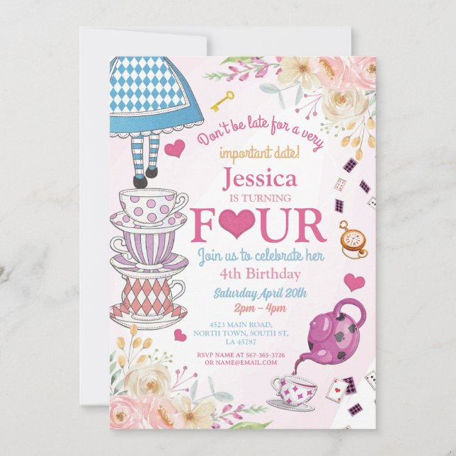 Wonderland Birthday 4th Tea Party Four Girls Inbjudningar (Framsida)