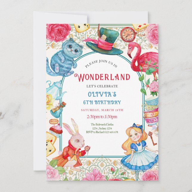 Wonderland Birthday-inbjudan Tack Kort (Framsida)