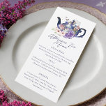 Wonderland Fairytale Bröllop Aftermiddag Tea Party Meny<br><div class="desc">Presentera eftermiddagens temeny för dina gäster med vårt vackert designade eftermiddagste party i underlandet vintage Alice i underlandstemat menydesign. Perfekt för en Alice i underlandstäckta evenemang och party. Utformningen har en tekanna för vintage med en blandning av egna handritade originalblommigtar och teckningar. Vi har noggrant återställt de ikoniska Alice-illustrationerna i...</div>