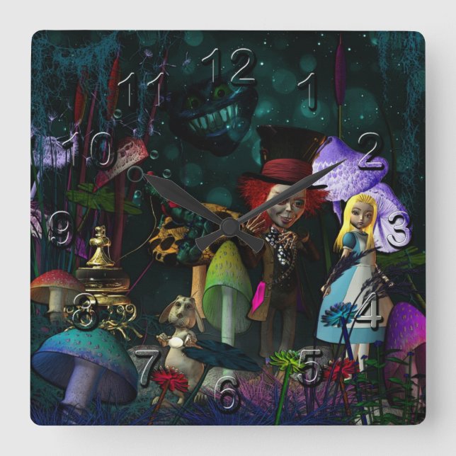 Wonderland Fantasy Clock Fyrkantig Klocka (Framsida)
