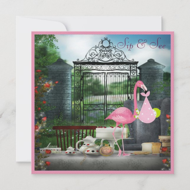 Wonderland Flamingo Sip och See Girl Baby Shower Inbjudningar (Framsida)